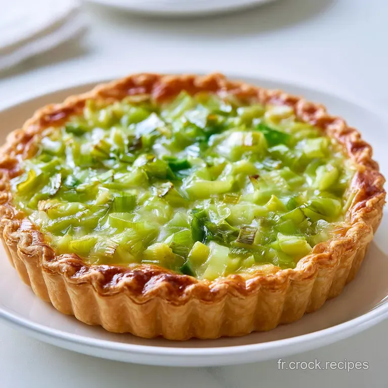 Part de tarte onctueuse sur assiette blanche, cro&ucirc;te croustillante et garniture fondante aux nuances de vert tendre.
