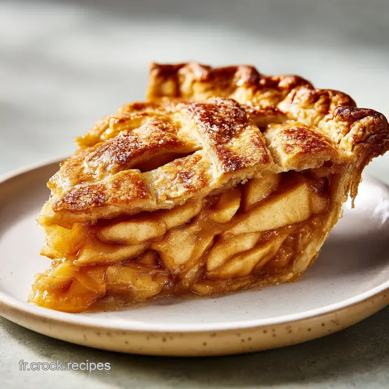 Slice of apple tart on a white plate. Flaky pastry, glistening apples, dusting of powdered sugar.