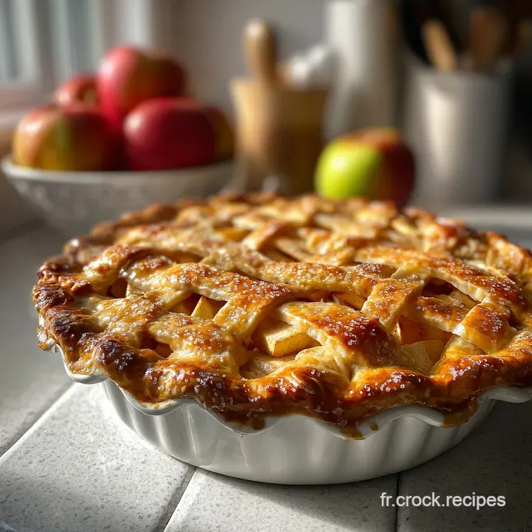 Slice of apple tart on a white plate, cinnamon stick garnish. Crispy crust and soft baked apples are visible.