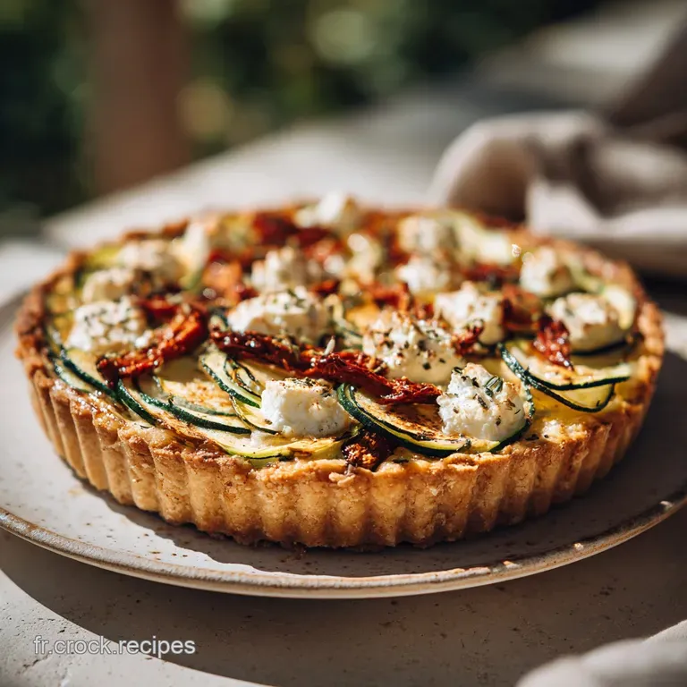 Slices of baked zucchini tart with golden crust, artfully arranged with fresh herbs.