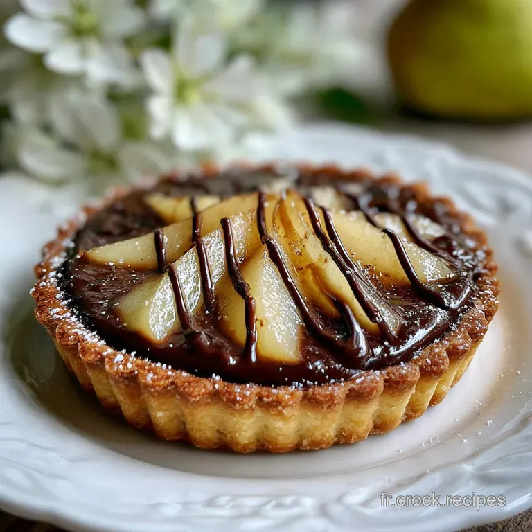Elegant slice of pear chocolate tart with a glossy ganache, dusting of cocoa, and fresh pear slice alongside, inviting and...