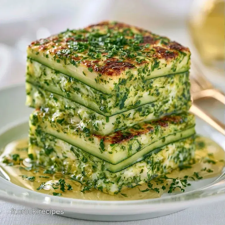 Tranches de terrine verte et cr&egrave;me dispos&eacute;es en &eacute;ventail, accompagn&eacute;es de quelques feuilles de basilic frais et d'huile.