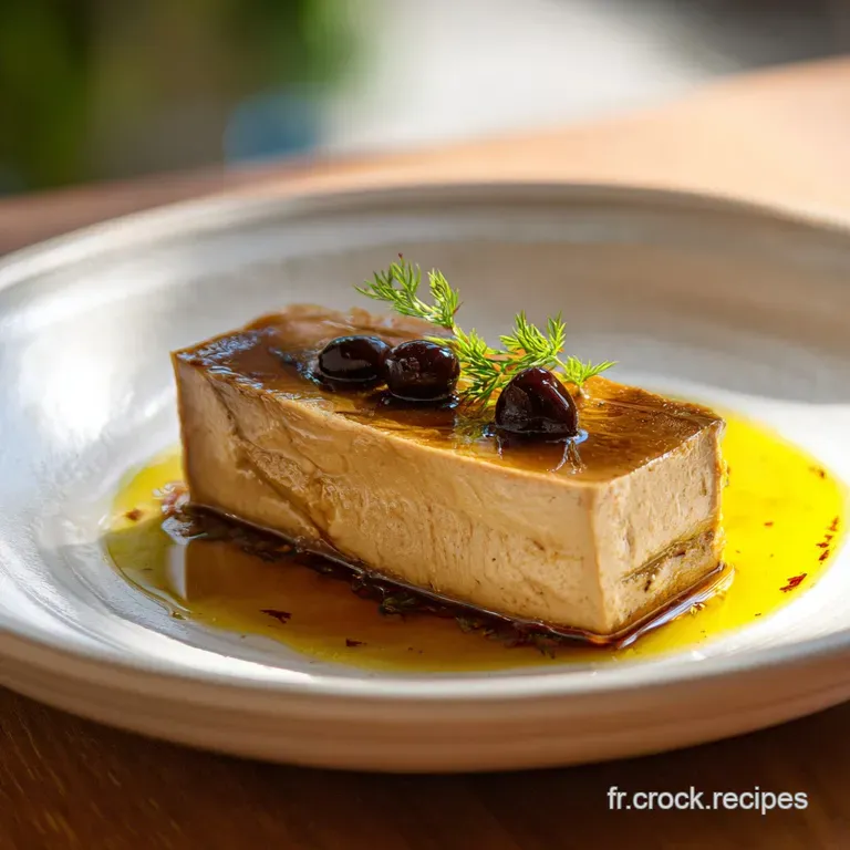 Slices of rich foie gras terrine arranged artfully on a white plate with fig jam and toasted brioche points. Elegant, invi...