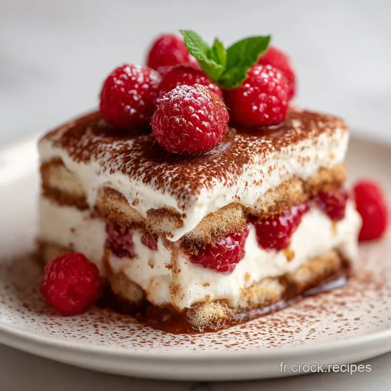 Elegant slice of raspberry tiramisu on a white plate. Delicate layers of cream, cocoa, and ruby-red fruit, dusted with pow...