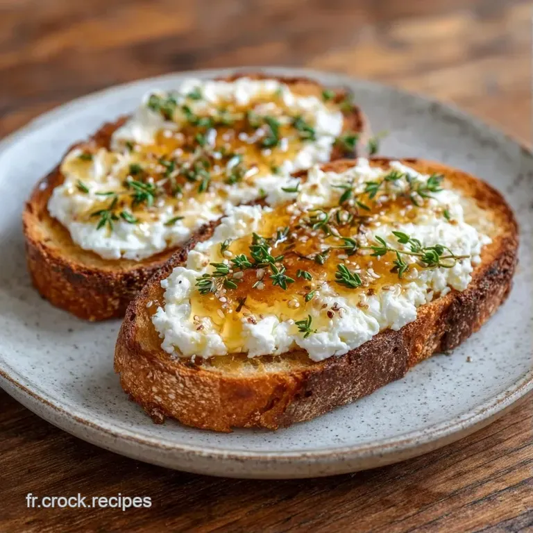 Tranches de pain croustillant sur une assiette blanche, ch&egrave;vre cr&eacute;meux et filets de miel brillant, d&eacute;cor&eacute; de thym.