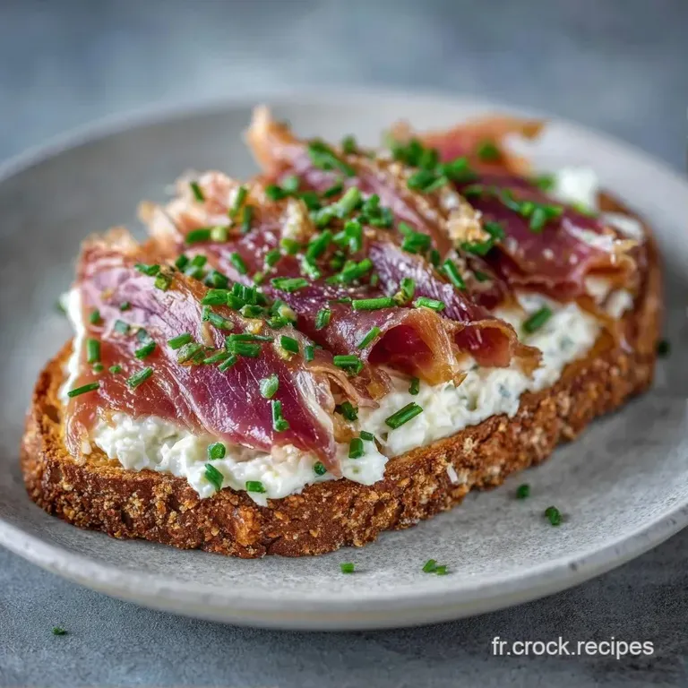 Toast croquant et dor&eacute; dispos&eacute; sur une assiette blanche, garni de magret fum&eacute; rose tendre et d'herbes aromatiques.