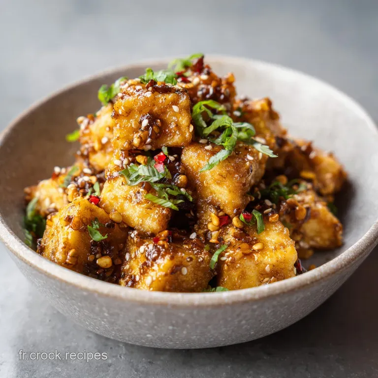 Artfully arranged tofu croutons on a dark plate, drizzled with glossy sauce and garnished with sesame seeds.