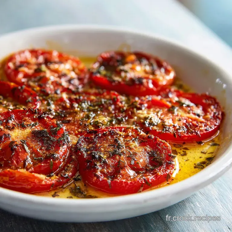 Four plump, roasted tomato halves glistening with olive oil and herbs, arranged on a white plate. Summer flavors visualized.