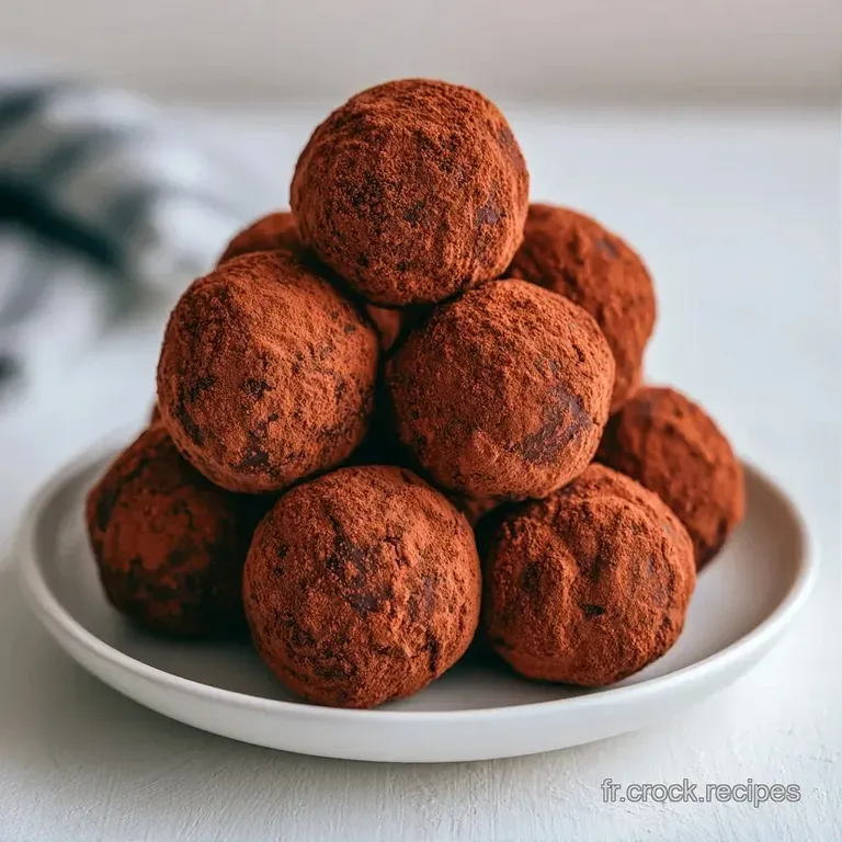 Trois sph&egrave;res chocolat&eacute;es mates dispos&eacute;es avec soin sur une assiette blanche, accompagn&eacute;es d'une feuille de menthe.