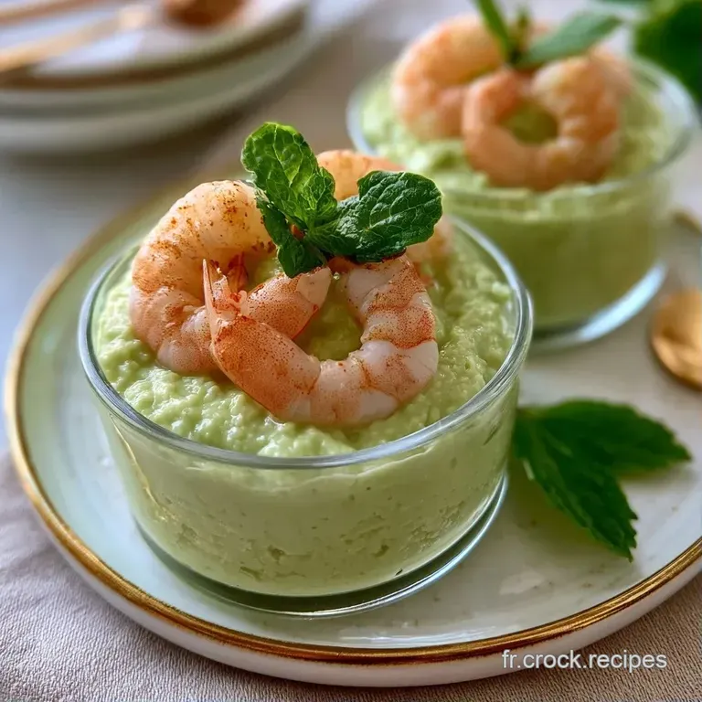Verre transparent r&eacute;v&eacute;lant des couches superpos&eacute;es de mousse d'avocat vert vif et de crevettes roses fra&icirc;ches et brillantes.