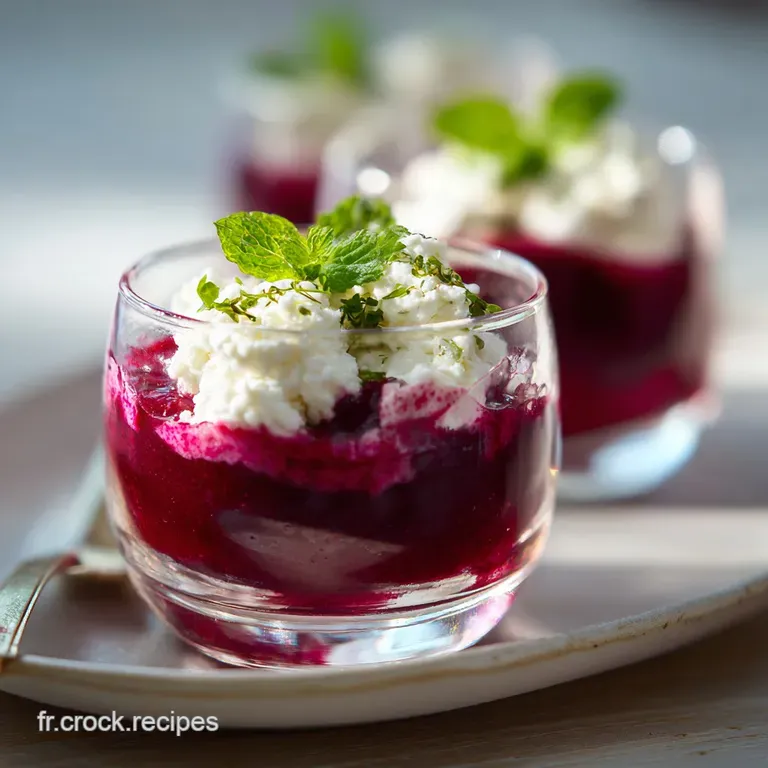 Elegant verrine showcasing layers of earthy beets and tangy goat cheese, garnished with a sprig of fresh herbs, served on ...