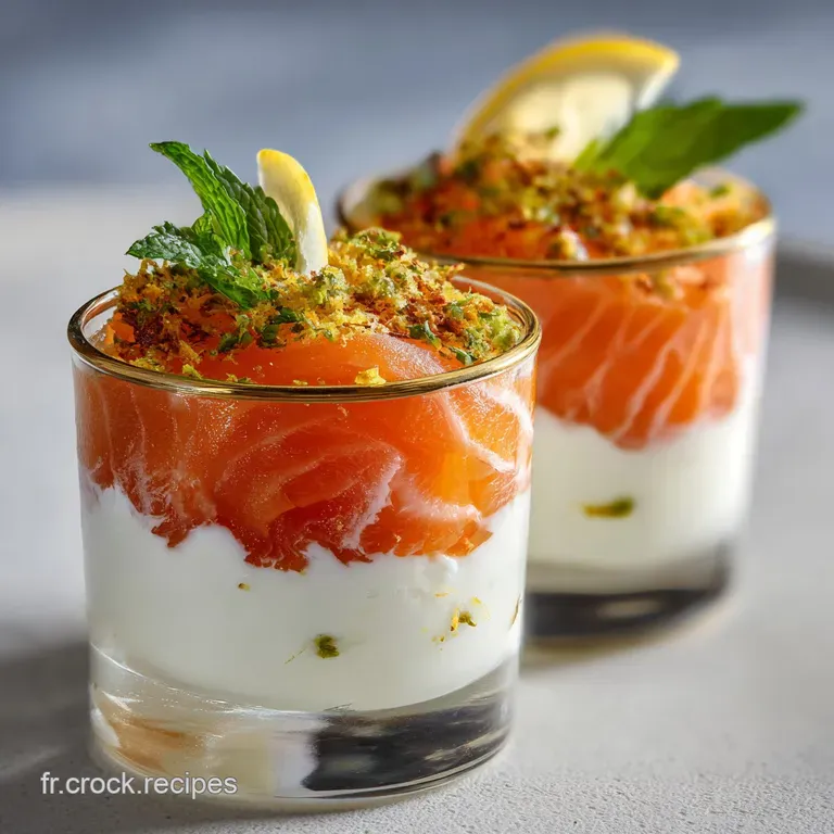 Elegant verrine with a lemon slice accent, the creamy layers and rosy salmon creating a tantalizing appetizer.