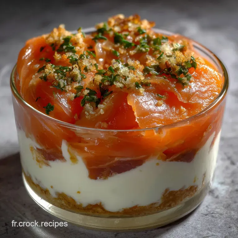 Elegant verrine arrangement, featuring translucent glass revealing layered salmon and mousse, garnished with delicate micr...