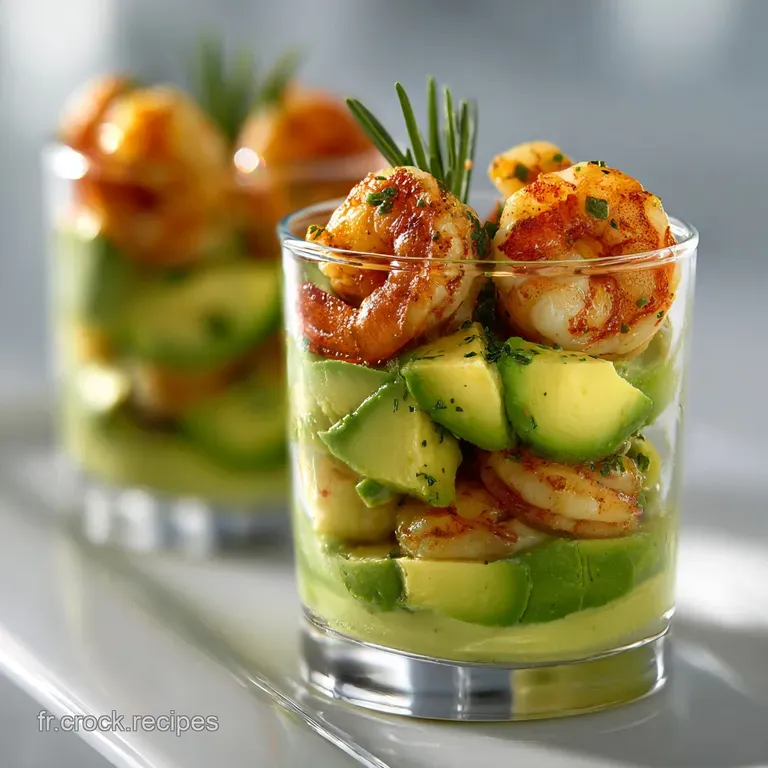 Elegant avocado shrimp verrine on a white plate. Vibrant green avocado mousse topped with plump pink shrimp and delicate h...